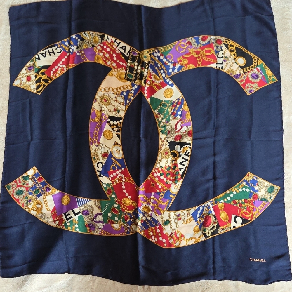 Chanel Navy And Multicolor Silk Scarf
